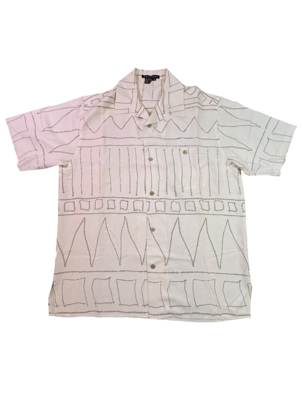Mens Tulliano 100% Silk Short Sleeve Button-Up Shirt Beige Tribal Print Size M